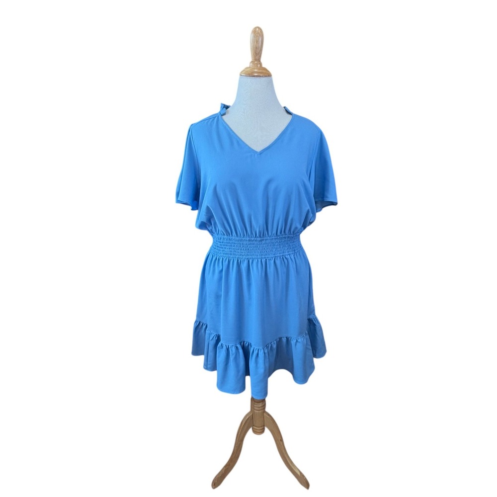 Draper James Baby Blue Smocked Waist Ruffle Hem V-Neck Mini Dress XL
